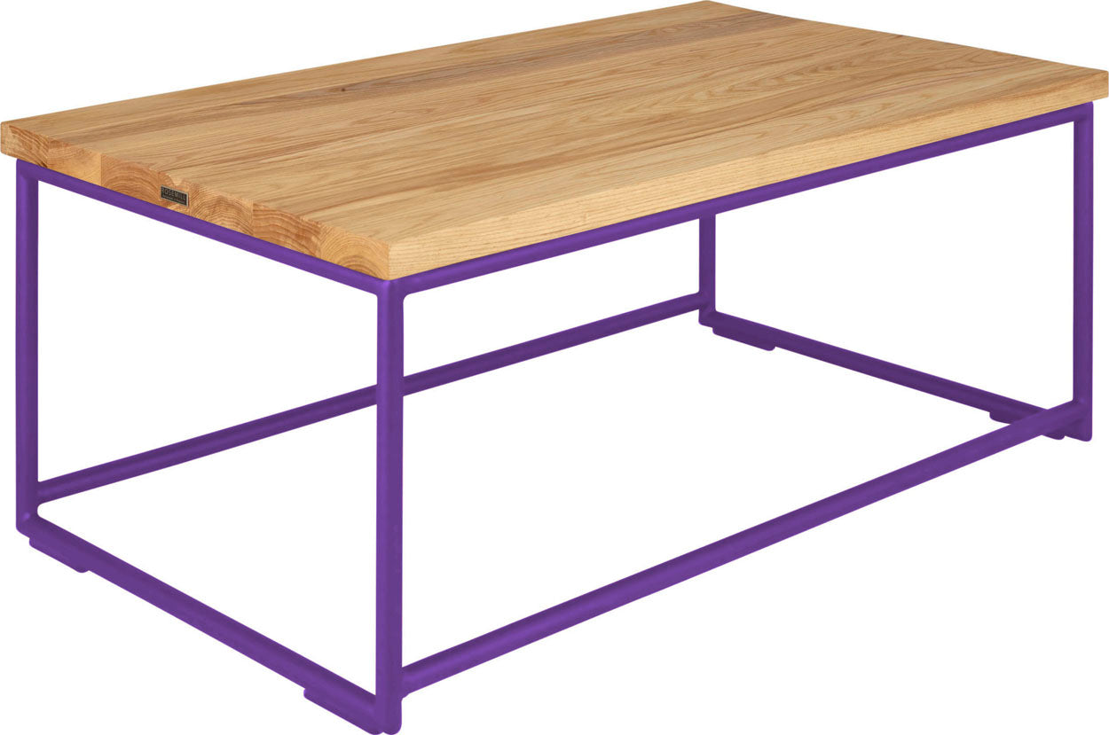 Purple metal table with natural stain ash wood made in UK - angle view round frame