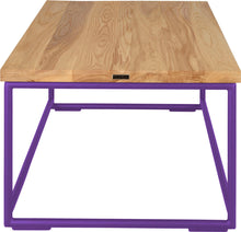 Load image into Gallery viewer, Purple metal table with natural stain ash wood made in UK - side view round frame

