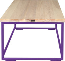 Load image into Gallery viewer, Purple metal table with whitewash stain ash wood made in UK - side view round frame
