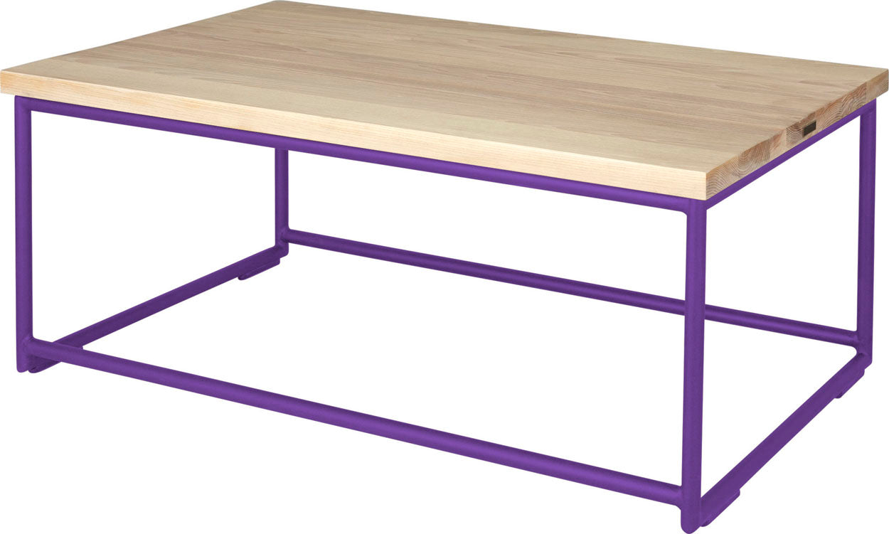 Purple metal table with whitewash stain ash wood made in UK - back side view round frame