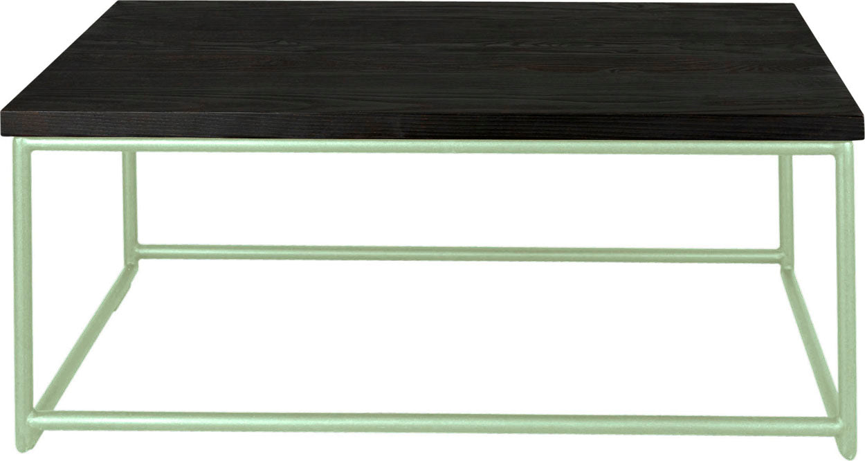 Mint green metal table with black stain ash wood made in UK - front view round frame