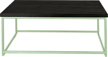 Load image into Gallery viewer, Mint green metal table with black stain ash wood made in UK - front view round frame
