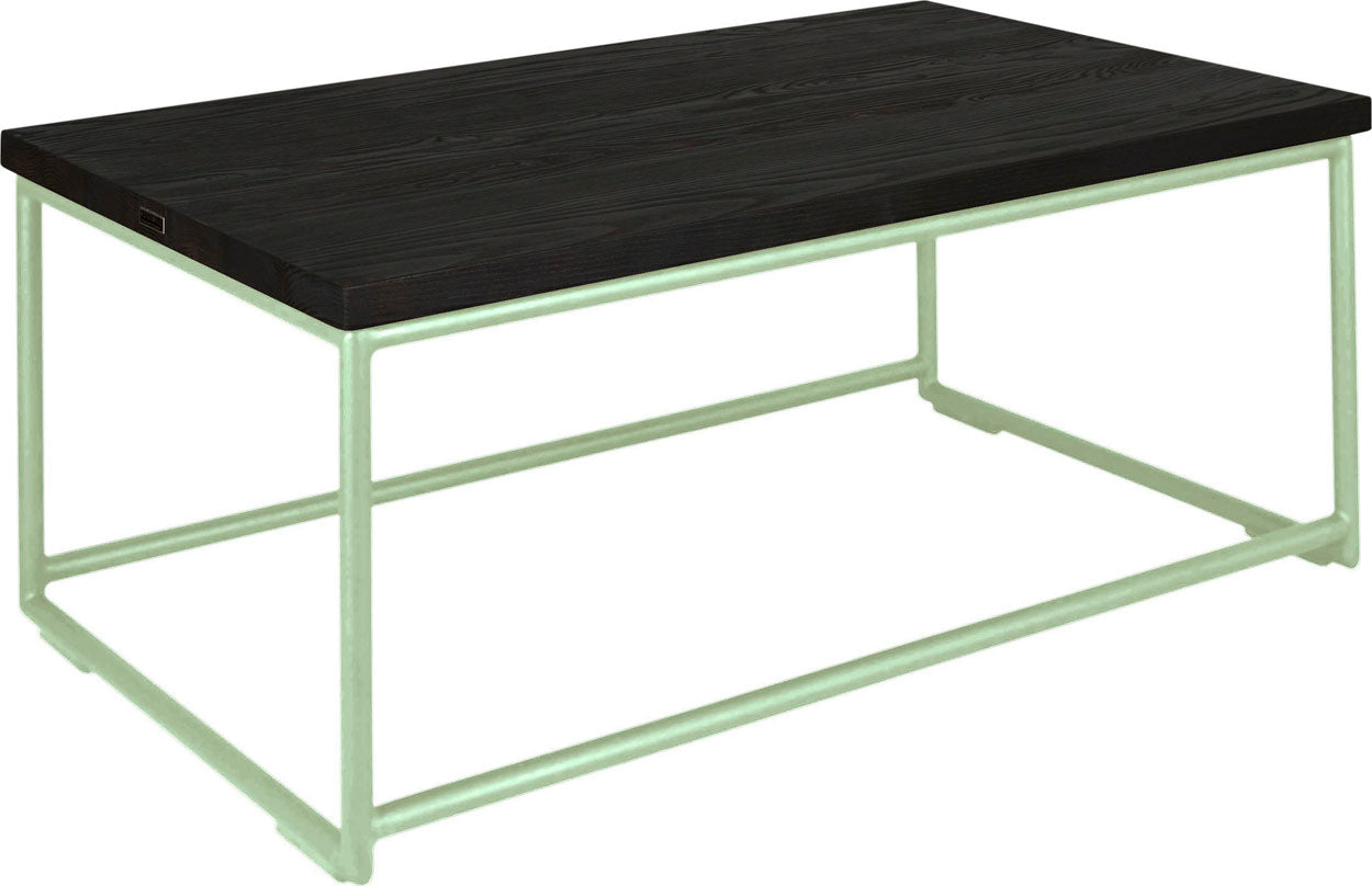 Mint green metal table with black stain ash wood made in UK - angle view round frame