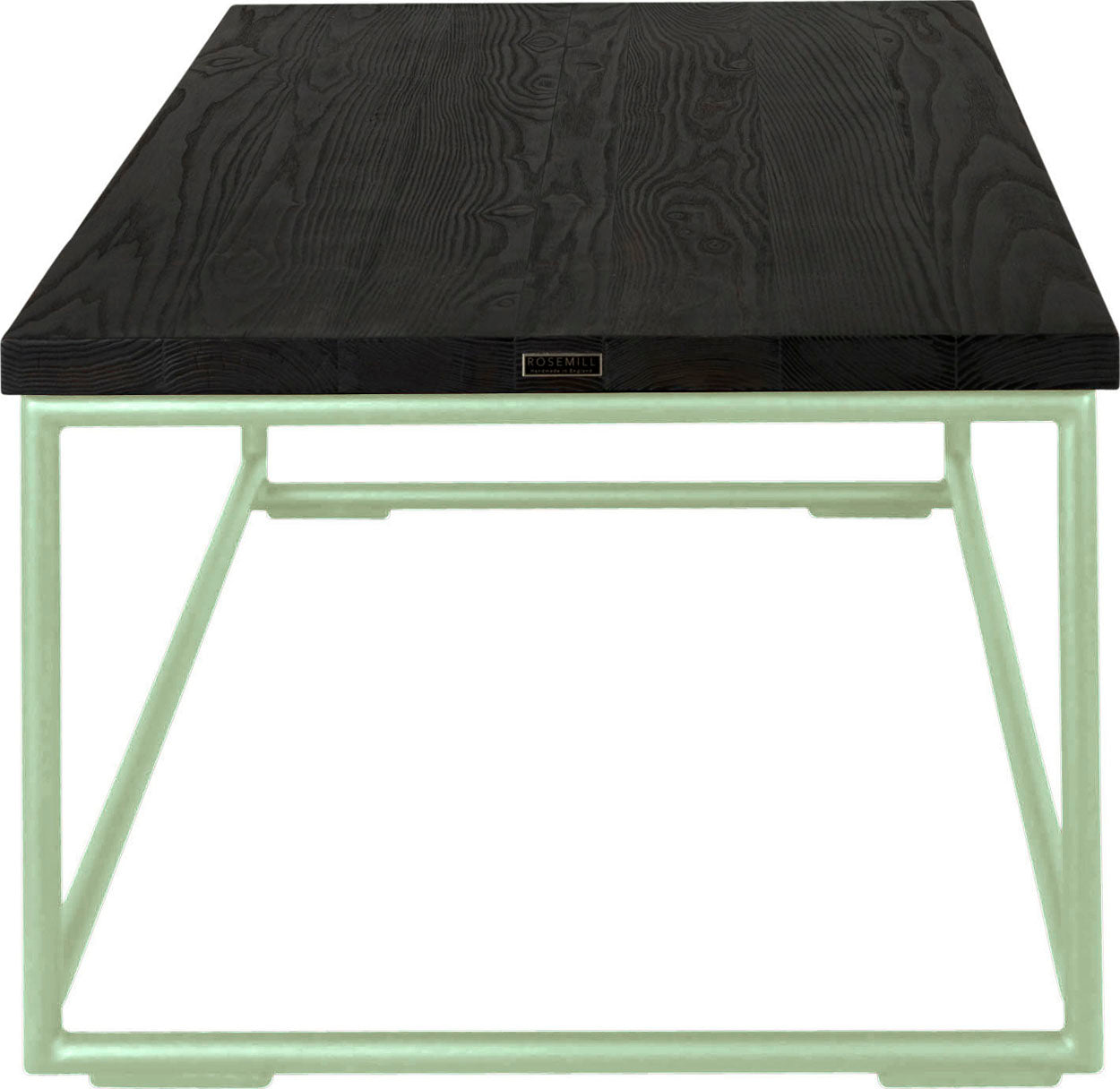Mint green metal table with black stain ash wood made in UK - side view round frame