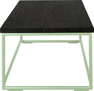 Mint green metal table with black stain ash wood made in UK - side view round frame
