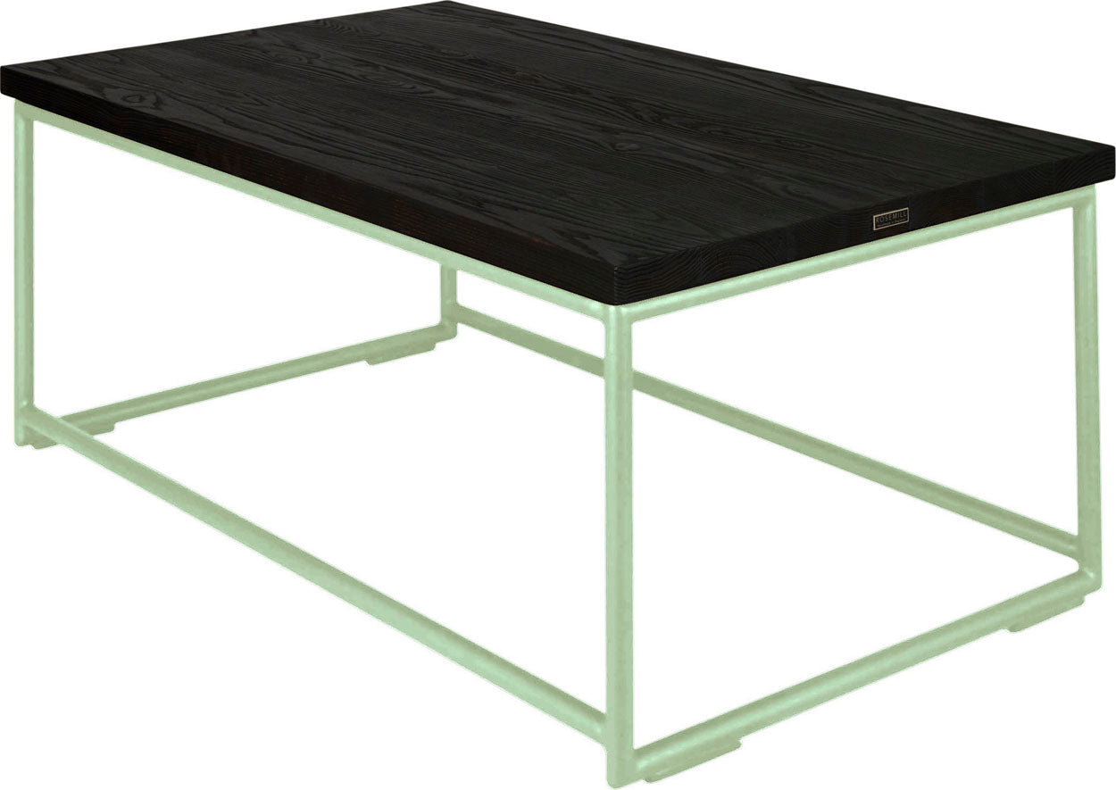 Mint green metal table with black stain ash wood made in UK - back side view round frame