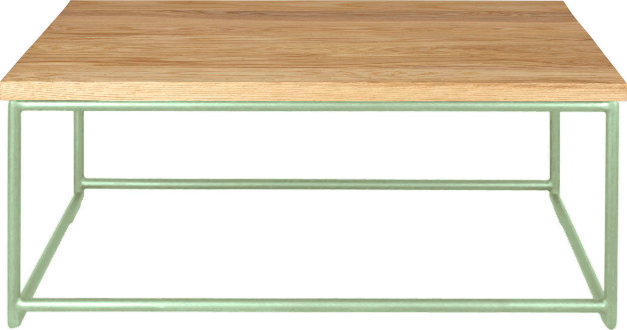 Mint green metal table with natural stain ash wood made in UK - front view round frame