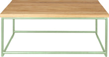 Load image into Gallery viewer, Mint green metal table with natural stain ash wood made in UK - front view round frame
