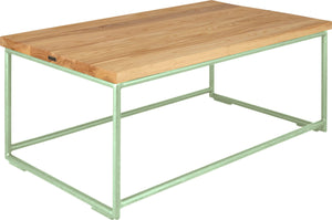 Mint green metal table with natural stain ash wood made in UK - angle view round frame
