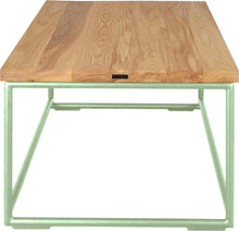 Load image into Gallery viewer, Mint green metal table with natural stain ash wood made in UK - side view round frame
