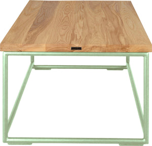 Mint green metal table with natural stain ash wood made in UK - side view round frame