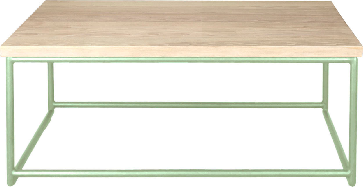 Mint green metal table with whitewash stain ash wood made in UK - front view round frame