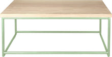 Load image into Gallery viewer, Mint green metal table with whitewash stain ash wood made in UK - front view round frame

