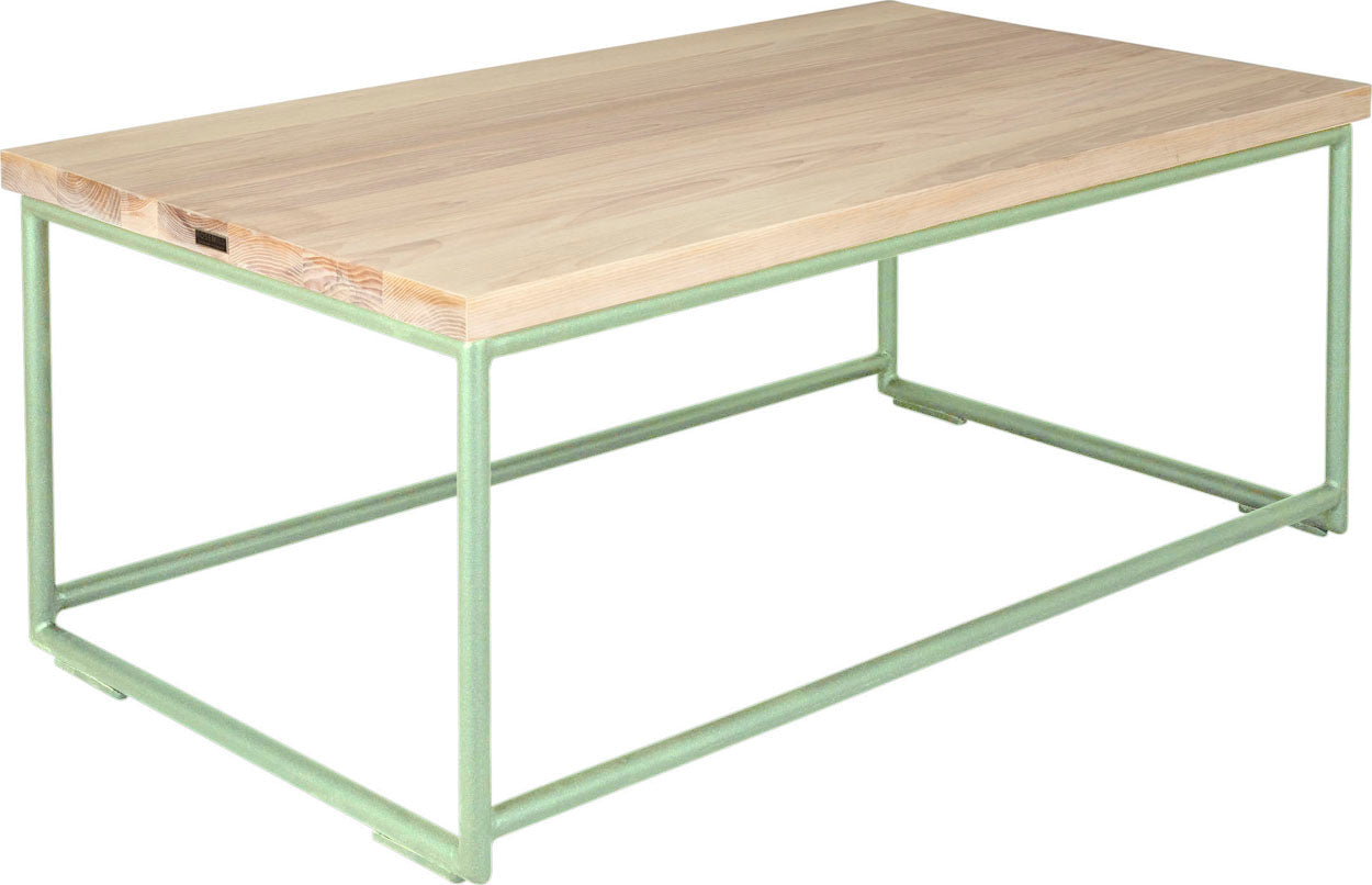 Mint green metal table with whitewash stain ash wood made in UK - angle view round frame