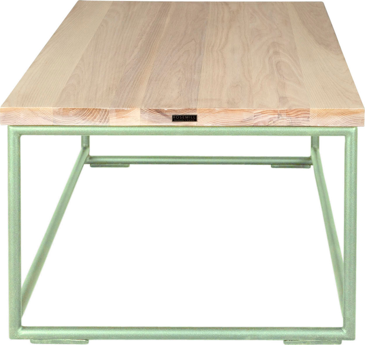 Mint green metal table with whitewash stain ash wood made in UK - side view round frame