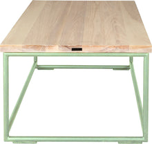 Load image into Gallery viewer, Mint green metal table with whitewash stain ash wood made in UK - side view round frame
