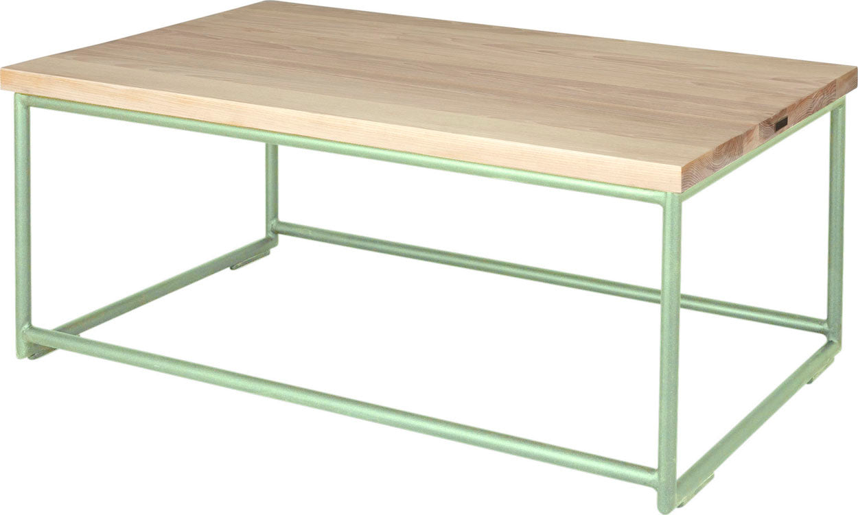 Mint green metal table with whitewash stain ash wood made in UK - back side view round frame