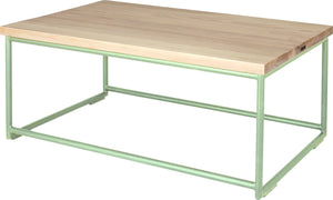 Mint green metal table with whitewash stain ash wood made in UK - back side view round frame