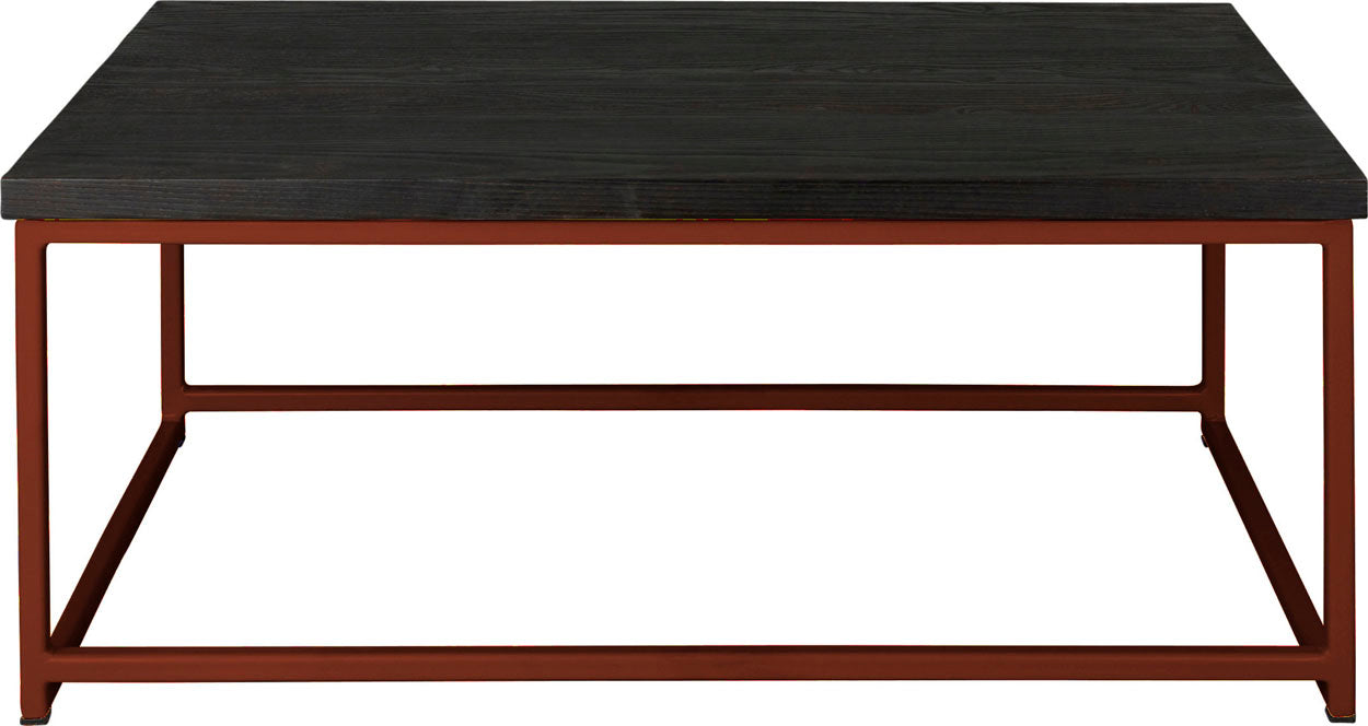 Copper metal table with black stain ash wood made in UK - front view square frame