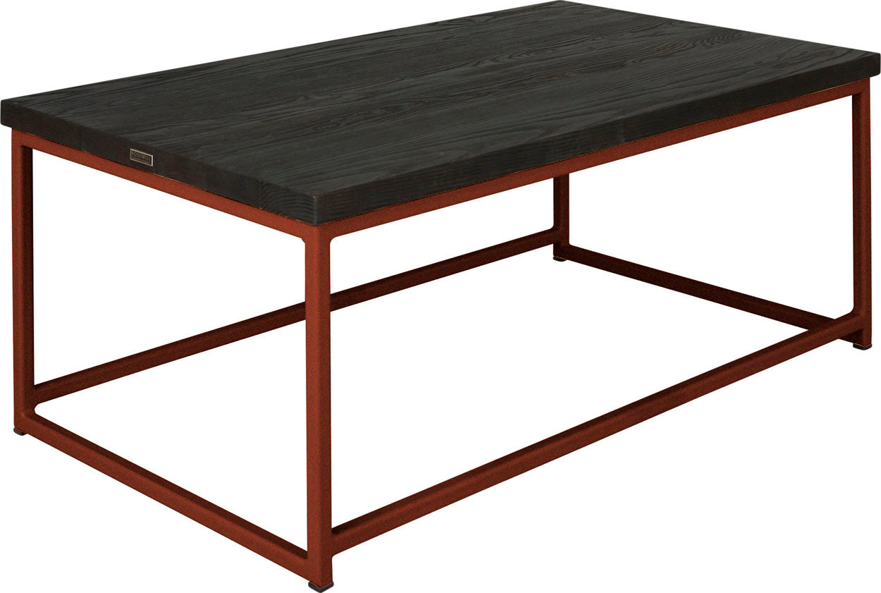 Copper metal table with black stain ash wood made in UK - angle view square frame