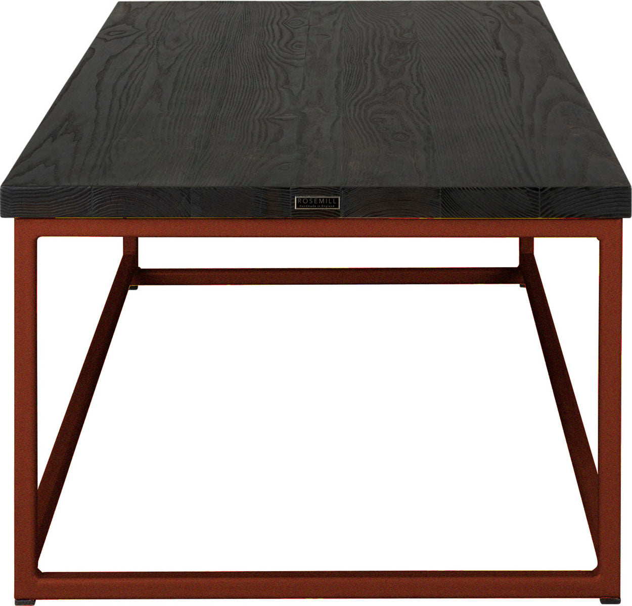 Copper metal table with black stain ash wood made in UK - side view square frame