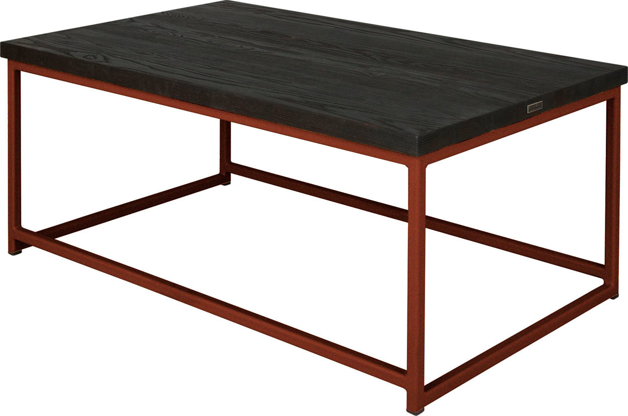 Copper metal table with black stain ash wood made in UK - back side view square frame