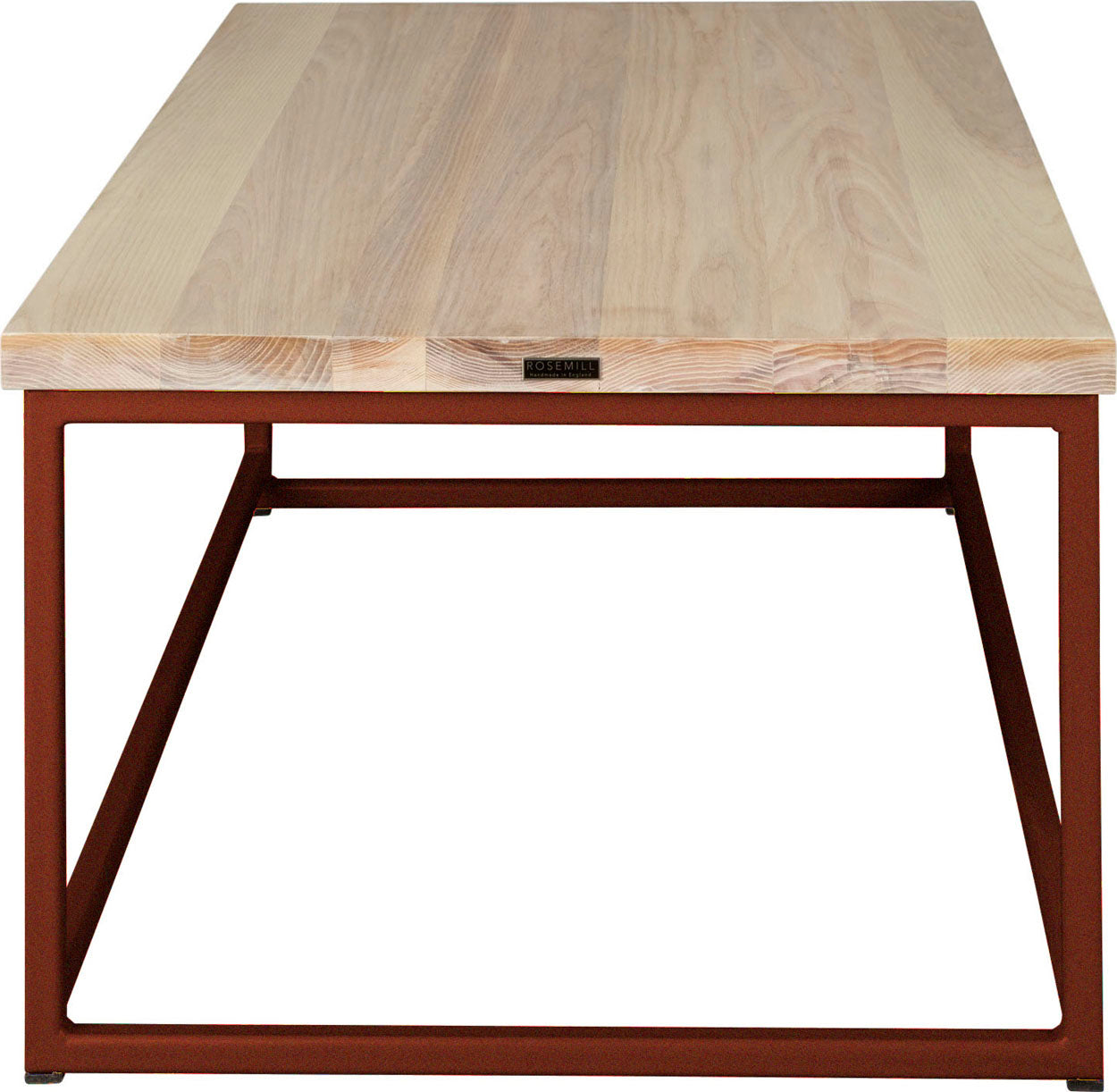 Copper metal table with whitewash stain ash wood made in UK - side view square frame