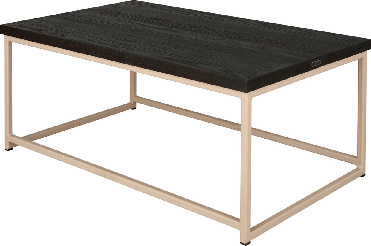 Off white metal table with black stain ash wood made in UK - back side view square frame