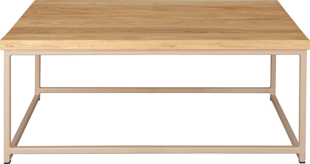 Off white metal table with natural stain ash wood made in UK - front view square frame