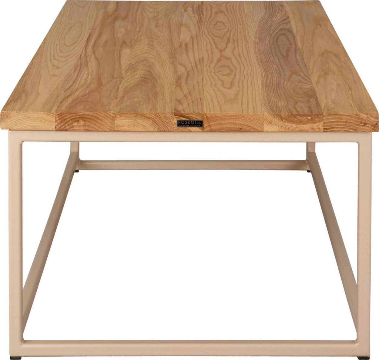 Off white metal table with natural stain ash wood made in UK - side view square frame