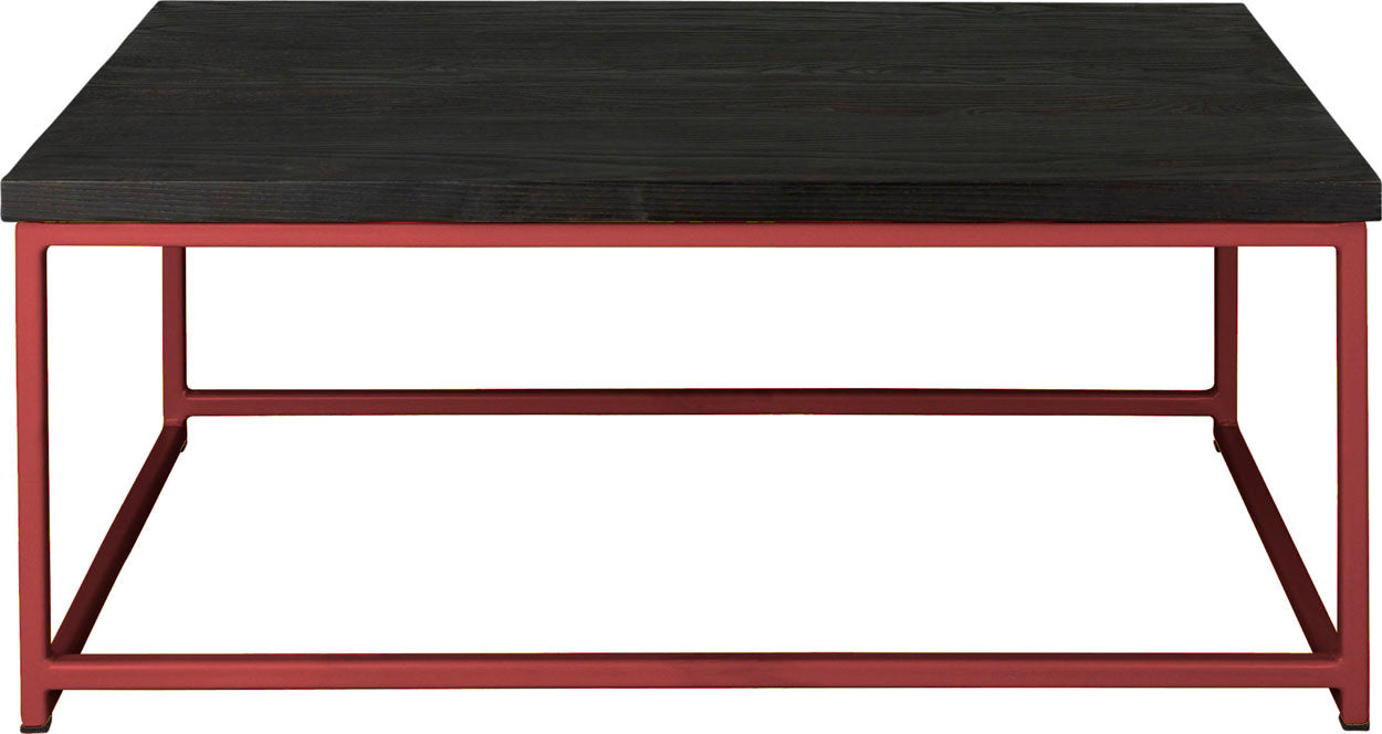 Crimson red metal table with black stain ash wood made in UK - front view square frame