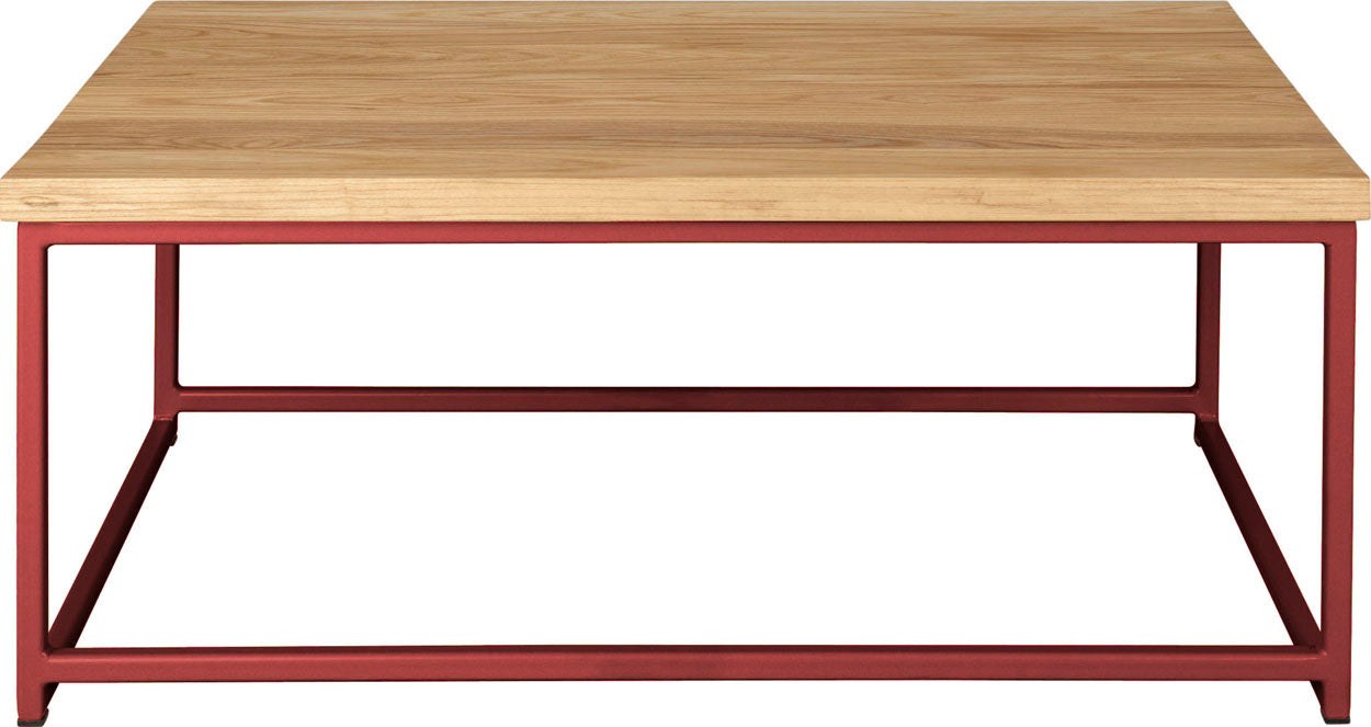 Crimson red metal table with natural stain ash wood made in UK - front view square frame