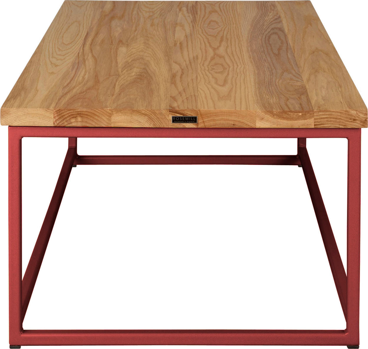 Crimson red metal table with natural stain ash wood made in UK - side view square frame