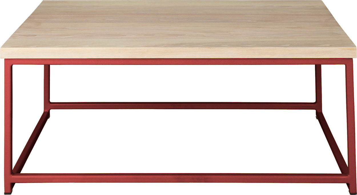 Crimson red metal table with whitewash stain ash wood made in UK - front view square frame