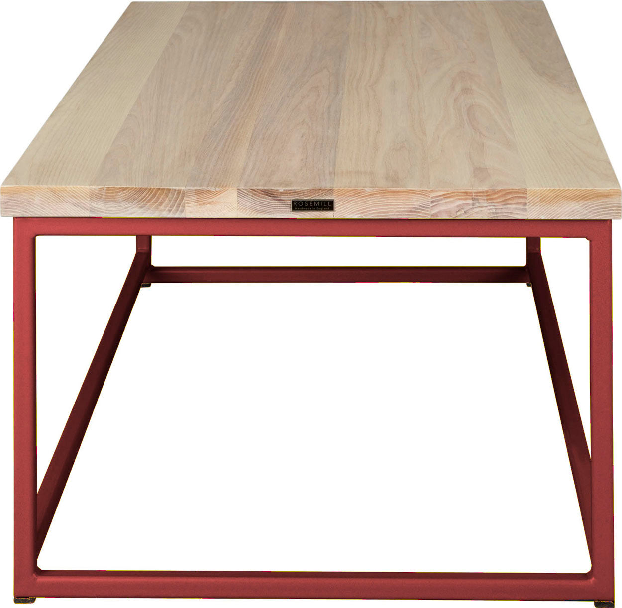 Crimson red metal table with whitewash stain ash wood made in UK - side view square frame