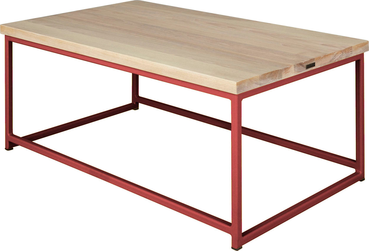 Crimson red metal table with whitewash stain ash wood made in UK - back aside view square frame