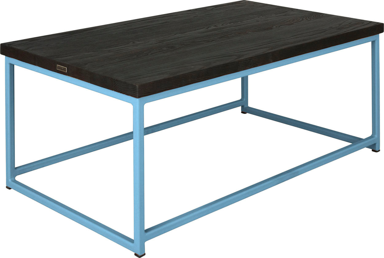 Duck-egg blue metal table with black stain ash wood made in UK - angle view square frame