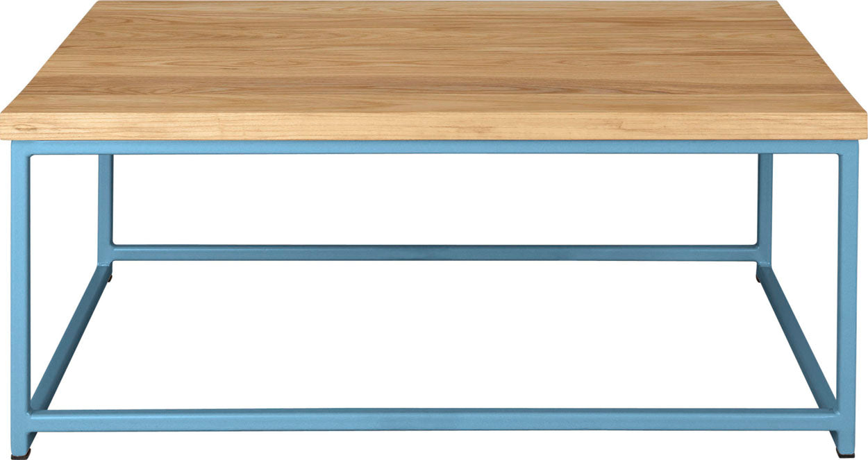  Duck-egg blue metal table with natural stain ash wood made in UK - front view square frame