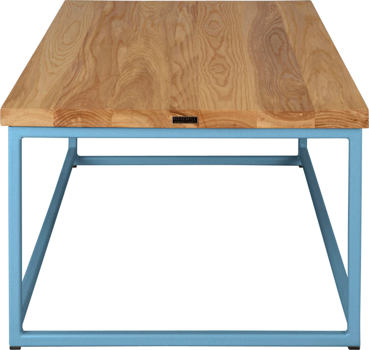Duck-egg blue metal table with natural stain ash wood made in UK - side view square frame