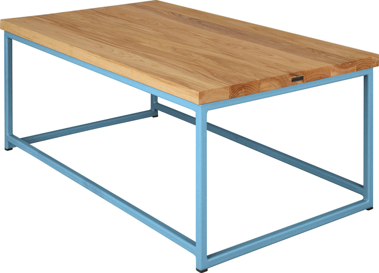 Duck-egg blue metal table with natural stain ash wood made in UK - back side view square frame