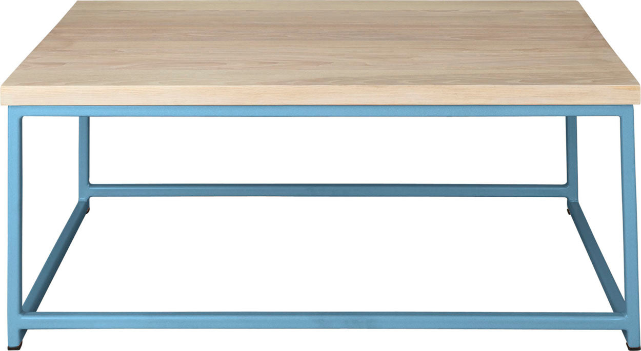 Duck-egg blue metal table with whitewash stain ash wood made in UK - front view square frame