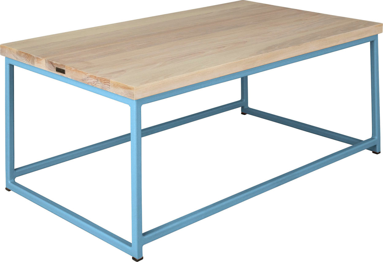 Duck-egg blue metal table with whitewash stain ash wood made in UK - angle view square frame