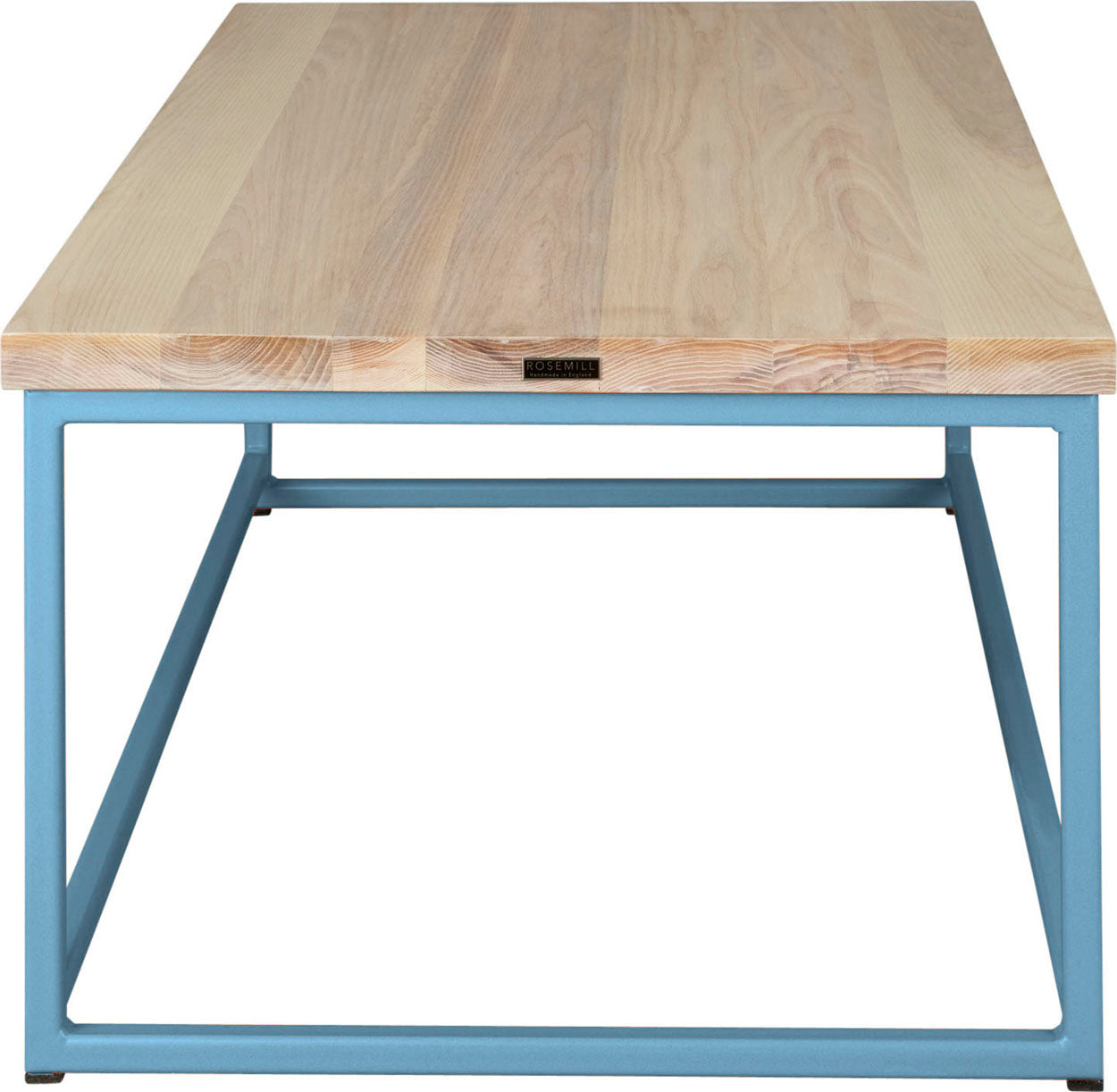 Duck-egg blue metal table with whitewash stain ash wood made in UK - side view square frame