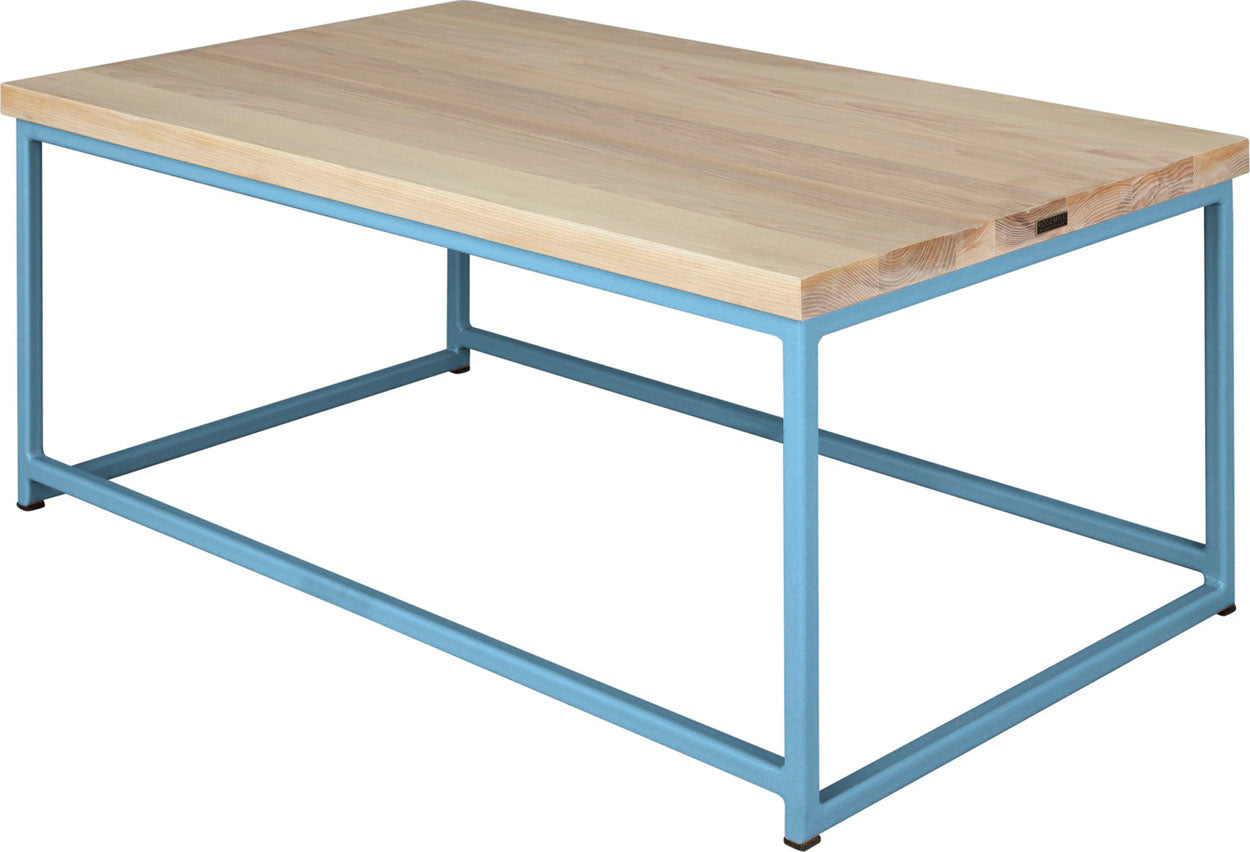 Duck-egg blue metal table with whitewash stain ash wood made in UK - back side view square frame