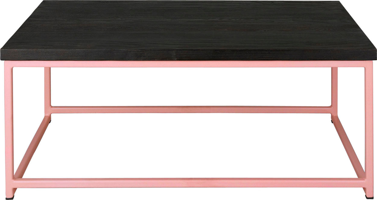 Pink metal table with black stain ash wood made in UK - front view square frame