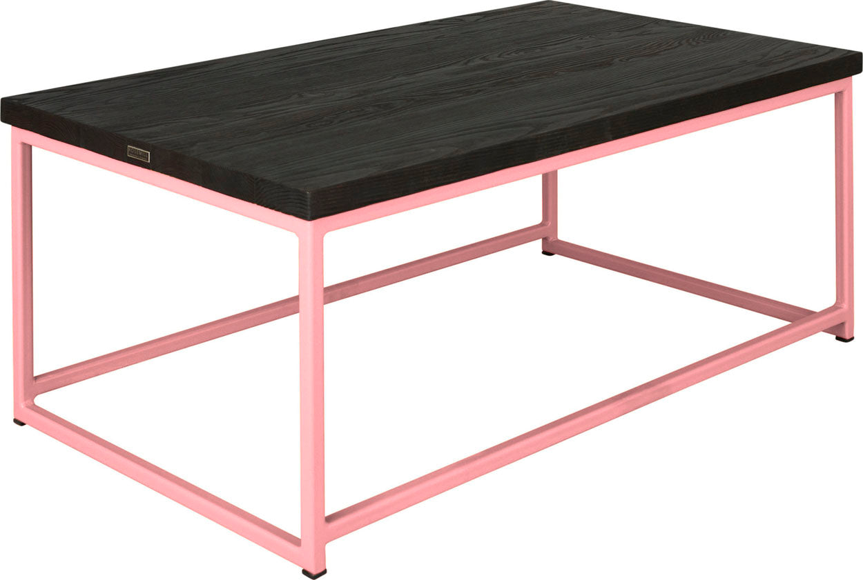 Pink metal table with black stain ash wood made in UK - angle view square frame