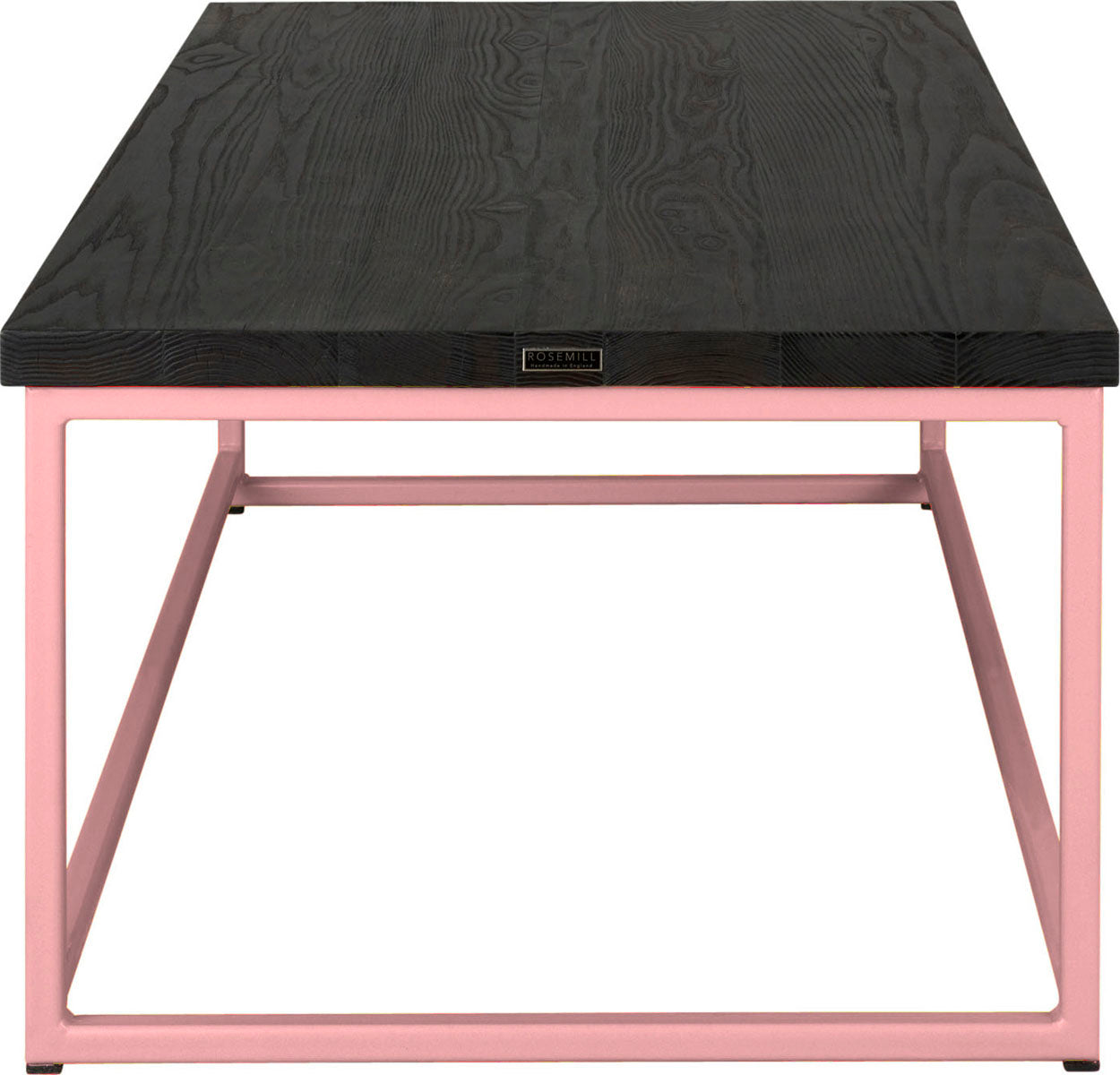 Pink metal table with black stain ash wood made in UK - side view square frame
