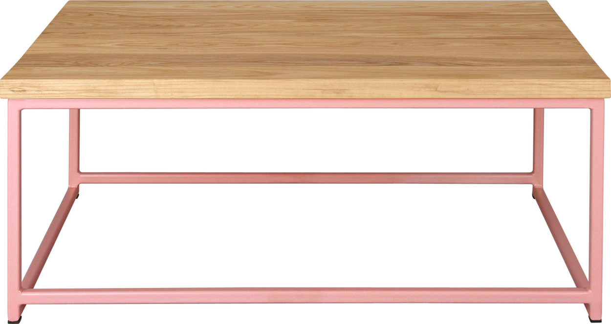 Pink metal table with natural stain ash wood made in UK - front view square frame