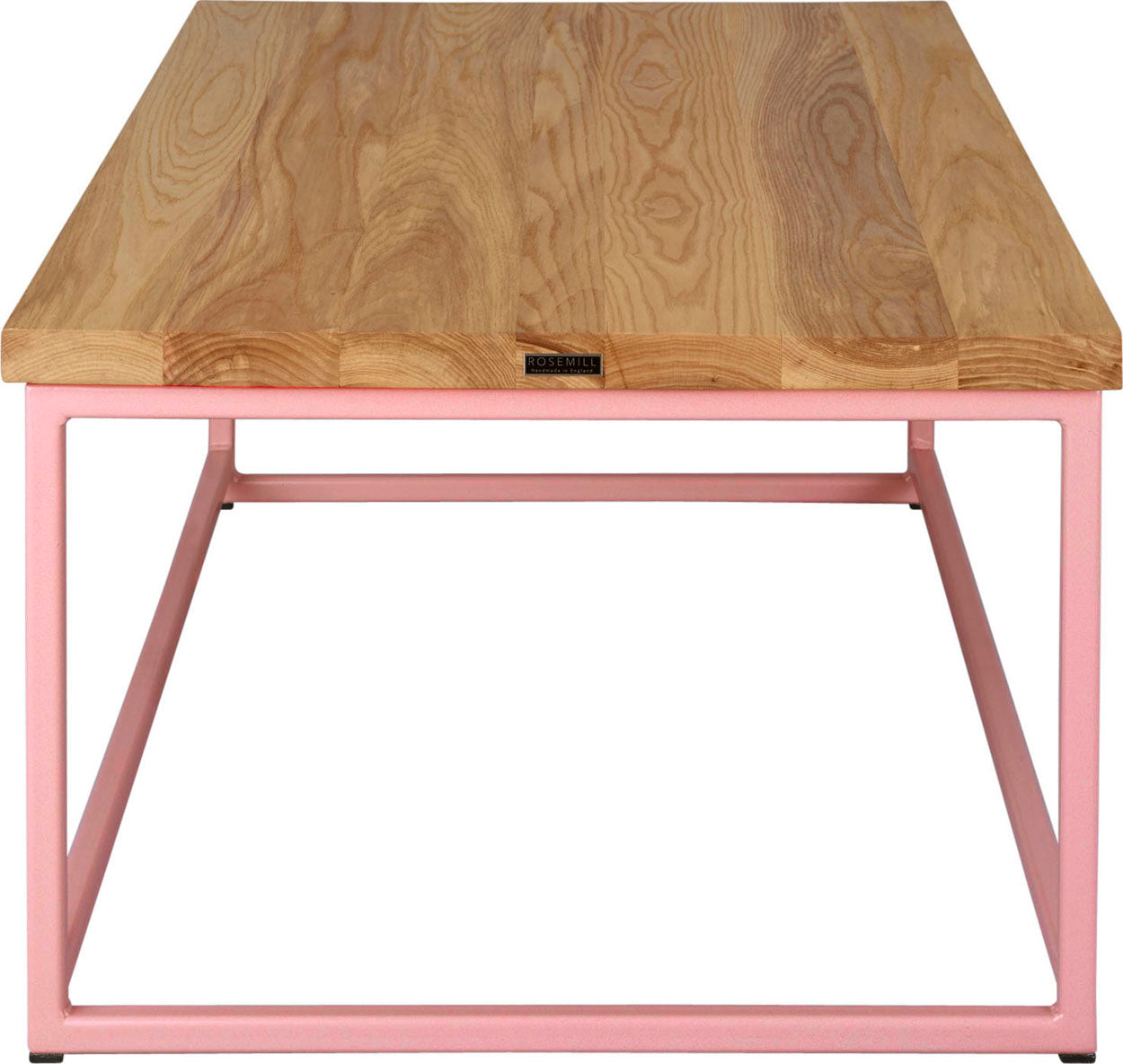 Pink metal table with natural stain ash wood made in UK - side view square frame