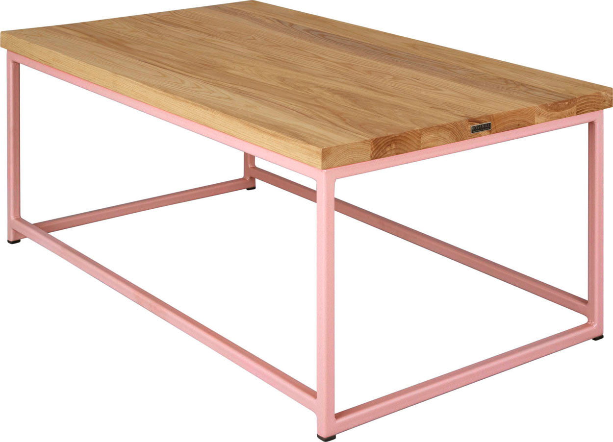 Pink metal table with natural stain ash wood made in UK - back side view square frame